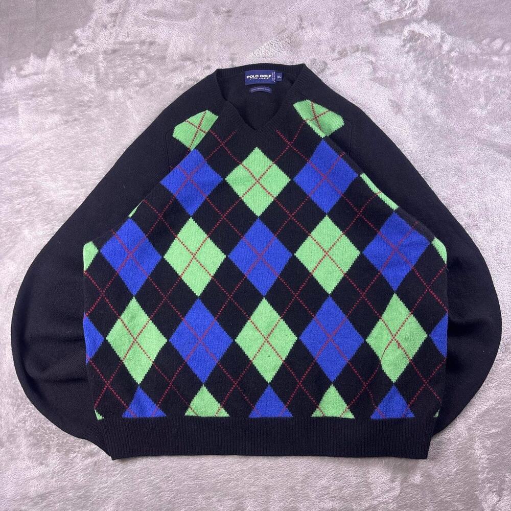 Polo Golf Ralph Lauren Sweater Men’s XL Merino Wool Black Blue Green Argyle